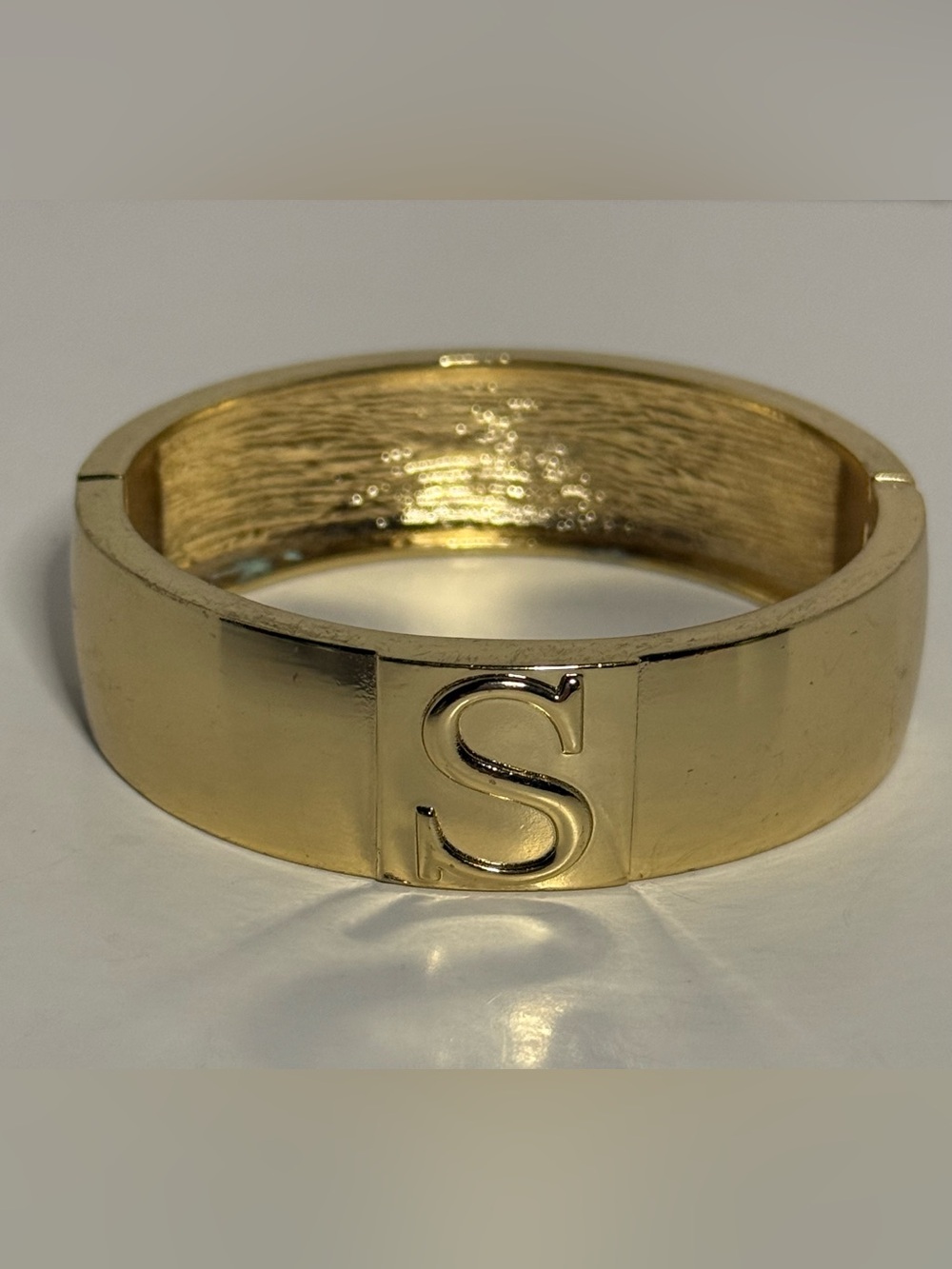 Vintage Gold Tone Wide Hinged Clamper Bracelet Raised Initial S Cuff